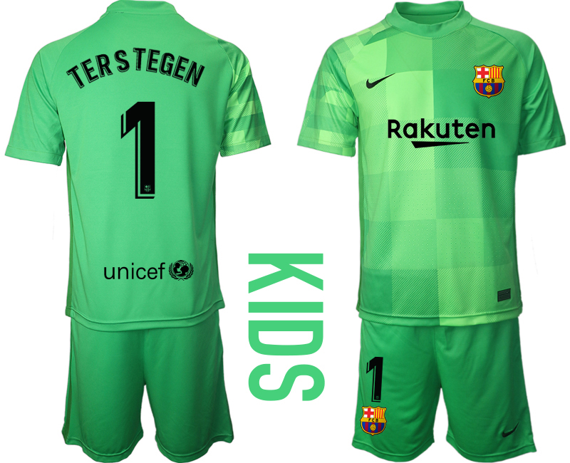 Youth 2021-2022 Club Barcelona green goalkeeper #1 Soccer Jersey->youth soccer jersey->Youth Jersey